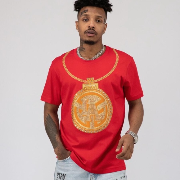 Finch LA Rhinestone Gold Chain Red Mens Tee Shirt - Picture 1 of 2
